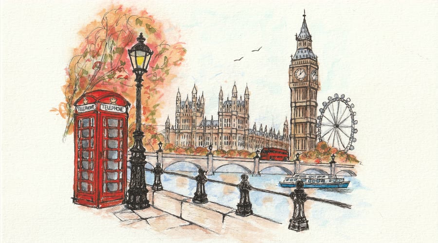 A watercolour of London: a red phone box, a street lamp, the Houses of Parliament, Big Ben and the London Eye, with autumn leaves